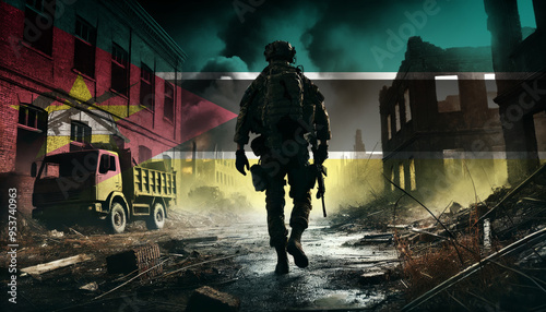Wallpaper Mural A lone soldier walking through a war-torn urban landscape with the Mozambique flag overlay, symbolizing the bravery and resilience of  military forces in conflict zones. Torontodigital.ca
