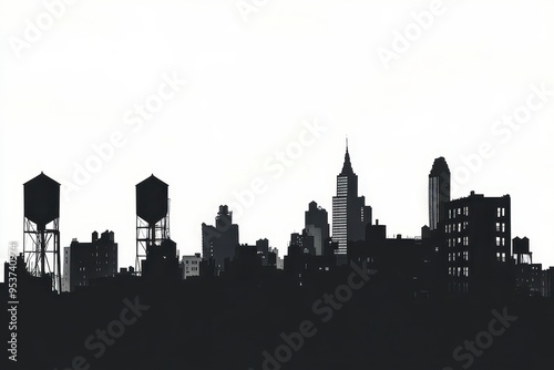 Silhouette of a city skyline with water towers against a white background.