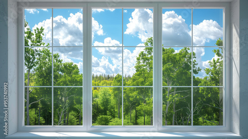 window with a summer forest view, sunny day, fresh air from the park trees