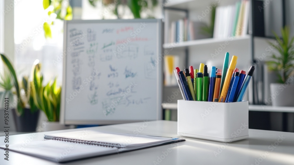 Office Desk with Pens, Notebook, and Whiteboard