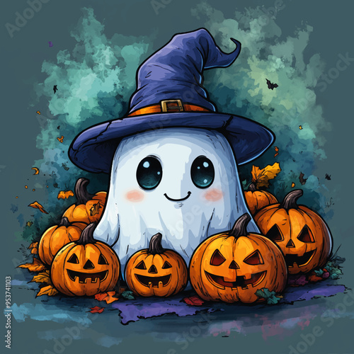 Fantasmino Halloween vettoriale con zucche 