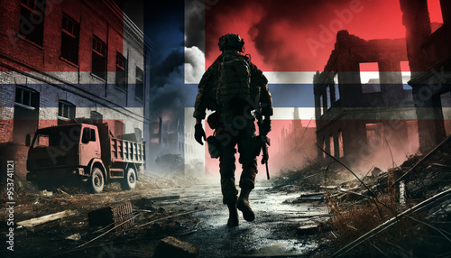 Wallpaper Mural A lone soldier walking through a war-torn urban landscape with the Norway flag overlay, symbolizing the bravery and resilience of  military forces in conflict zones. Torontodigital.ca