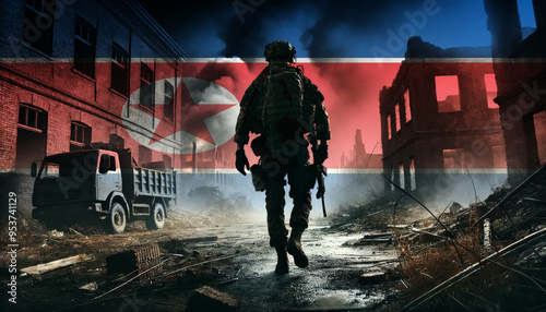Wallpaper Mural A lone soldier walking through a war-torn urban landscape with the North Korea flag overlay, symbolizing the bravery and resilience of  military forces in conflict zones. Torontodigital.ca