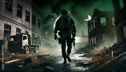 A lone soldier walking through a war-torn urban landscape with the Pakistan flag overlay, symbolizing the bravery and resilience of military forces in conflict zones.