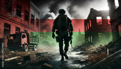 A lone soldier walking through a war-torn urban landscape with the Oman flag overlay, symbolizing the bravery and resilience of military forces in conflict zones.