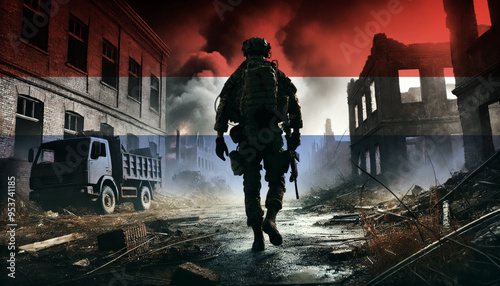 A lone soldier walking through a war-torn urban landscape with the Paraguay flag overlay, symbolizing the bravery and resilience of  military forces in conflict zones.