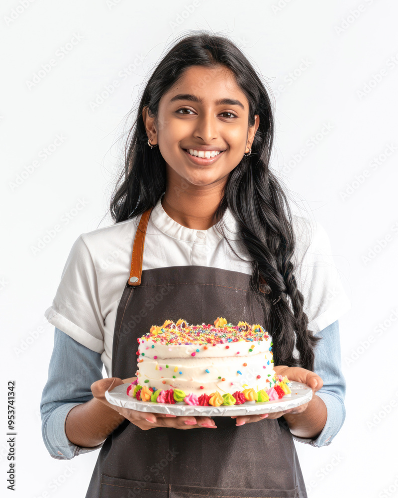 young indian girl holding birthday cake on white background young indian girl holding birthday cake on white background