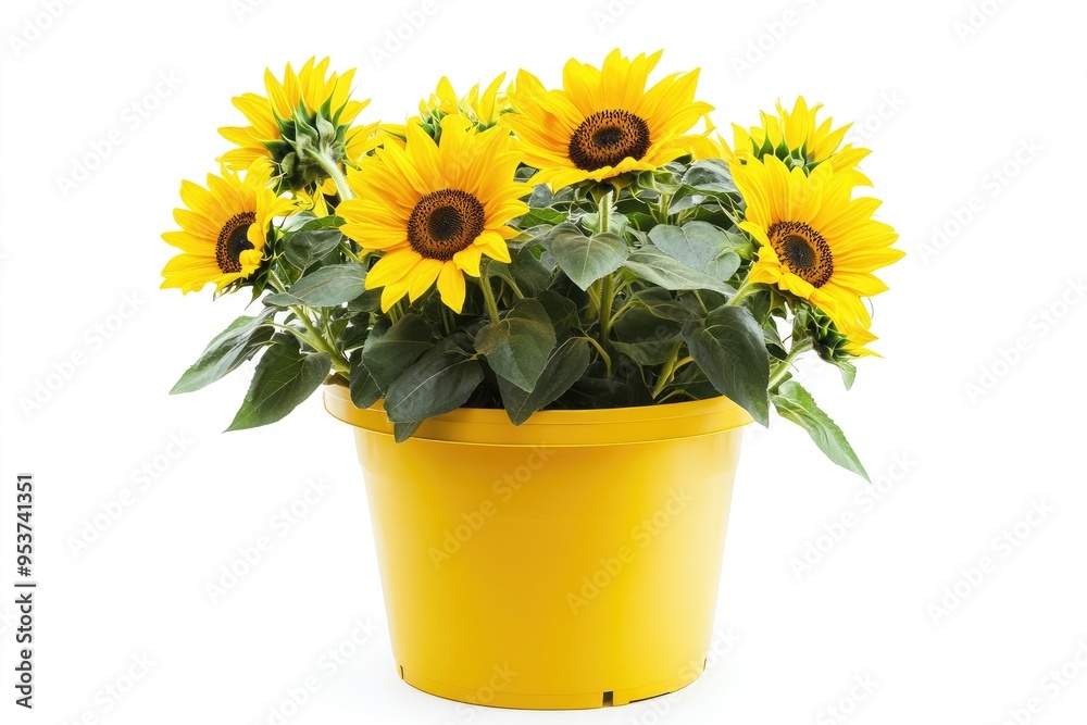 Obraz premium A potted arrangement of blooming sunflowers with green leaves