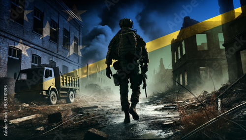 A lone soldier walking through a war-torn urban landscape with the Solomon Islands flag overlay, symbolizing the bravery and resilience of military forces in conflict zones.