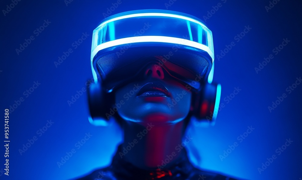 Woman Wearing VR Headset With a Glowing Display In Blue and Purple Lights Woman Wearing VR Headset With a Glowing Display In Blue and Purple Lights