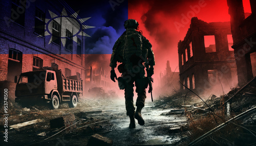 A lone soldier walking through a war-torn urban landscape with the Taiwan flag overlay, symbolizing the bravery and resilience of military forces in conflict zones.