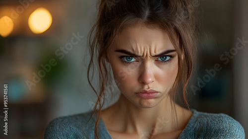 A young woman with a frown ...