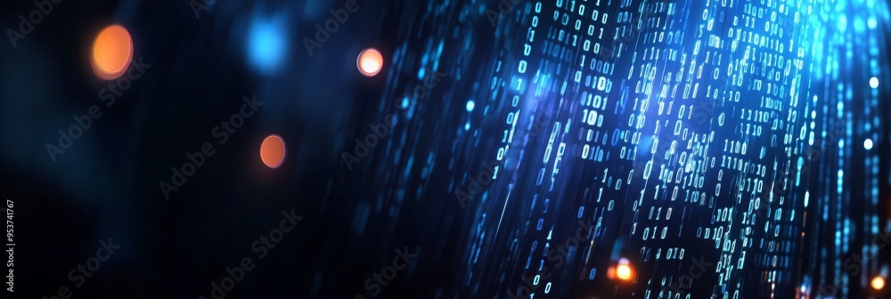 © Mickey - A digital abstract background featuring a flowing stream of binary code, illuminated by soft bokeh lights. It symbolizes data, technology, innovation, connection, and the digital world.