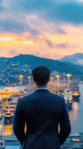 Businessman overlooking a port, autonomous ships highlighted in the scene, double exposure photo