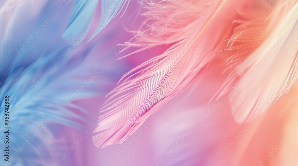 Fototapeta premium A soft, dreamy composition featuring delicate feathers in pastel shades of blue and pink, creating a serene and ethereal atmosphere.