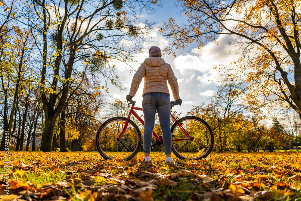 Naklejka premium Woman wearing beige jacket, jeans and winter hat standing with red bicycle on clearing in forest in autumnal scenery on sunny day. Back view
