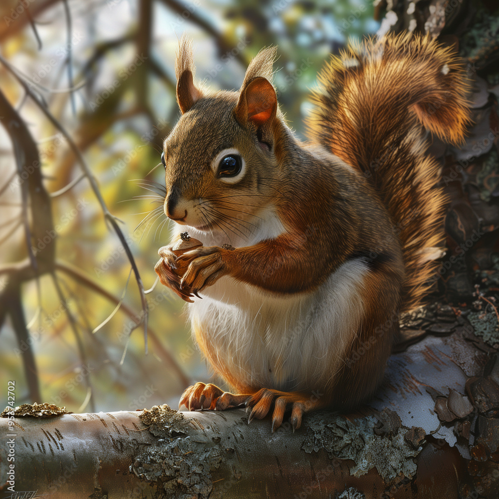 Obraz premium A squirrel holding a nut, sitting on a tree branch