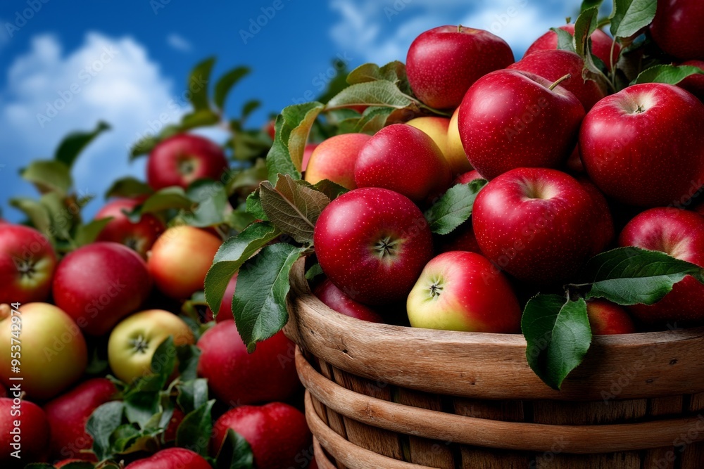 Apple Garden Gathering, Baskets, and Seasonal depicted in a vibrant scene of apple picking during peak harvest season, with baskets overflowing with ripe fruit Apple Garden Gathering, Baskets, and Seasonal depicted in a vibrant scene of apple picking during peak harvest season, with baskets overflowing with ripe fruit