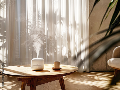 The humidifier is on the table at home, steam from the humidifier. Ultrasonic technology, increased indoor humidity, comfortable living conditions.