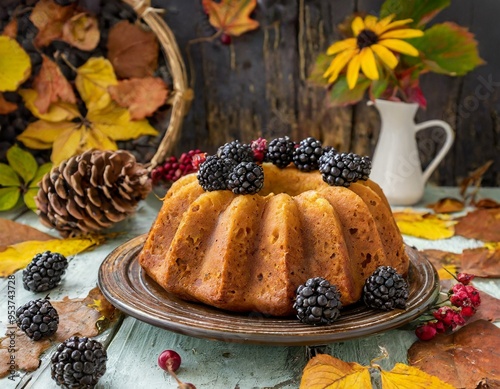 Herbstlicher Gugelhupf mit Brombeeren photo