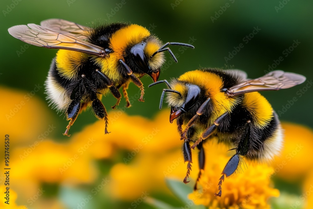 Bumblebees, on a windy day, battling the breeze demonstrate their determination as they hover near flowers Bumblebees, on a windy day, battling the breeze demonstrate their determination as they hover near flowers