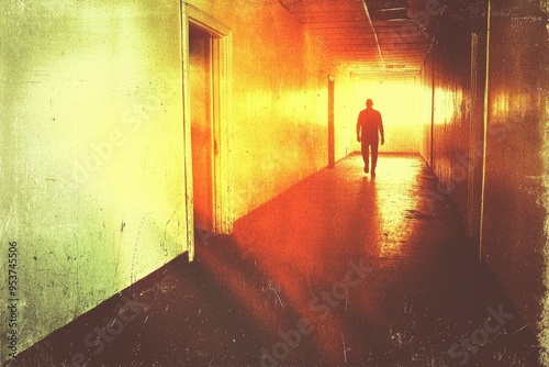 Silhouette of a Man Walking Towards a Bright Light at the End of a Hallway