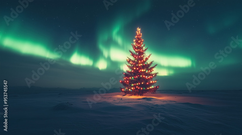 christmas tree in the northern lights background