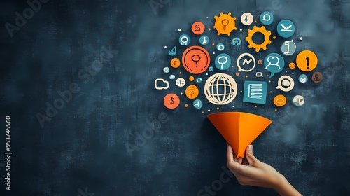 Marketing digital and customer conversion. A girl's hand holds a yellow sales funnel with digital marketing and social media symbols against a dark gray wall.