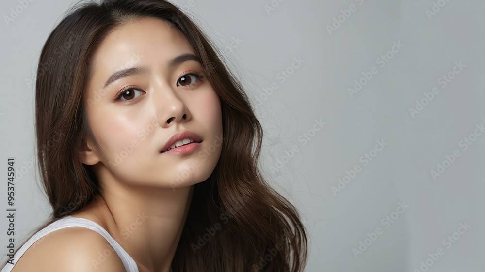 portrait of a young woman with long brown hair background