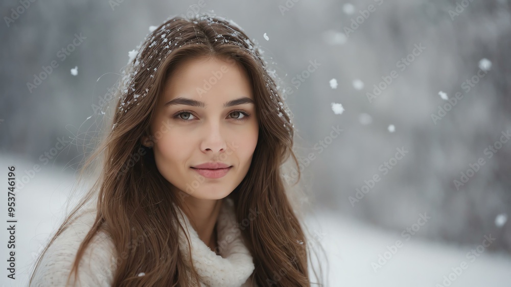 dreamy and ethereal portrait of a woman with long brown hair background