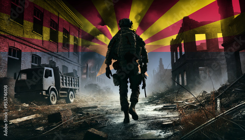 A lone soldier walking through a war-torn urban landscape with the Arizona flag overlay, symbolizing the bravery and resilience of military forces in conflict zones.