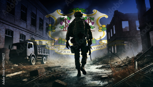 Wallpaper Mural A lone soldier walking through a war-torn urban landscape with the Connecticut flag overlay, symbolizing the bravery and resilience of  military forces in conflict zones. Torontodigital.ca