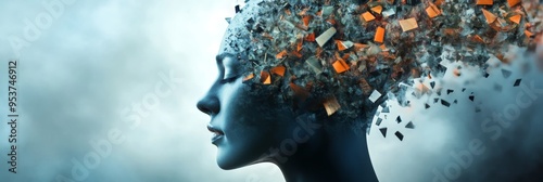 A surreal image of a human head dissolving into a cascade of abstract fragments, symbolizing the breakdown of thoughts, emotions, or the process of change, transformation, or loss. photo