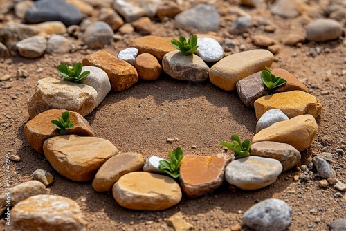 Covenant represented by a circle of stones in a sacred space, captured in a photo where a circle of stones, arranged in a sacred space, symbolizes the enduring and unbreakable nature of a covenant