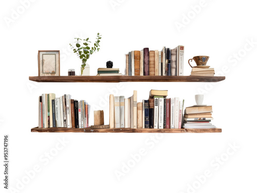 A stylish wooden bookshelf displaying various books and decorative items, perfect for home or office decor.
