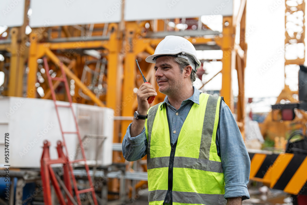 Construction site supervisor or project manager wearing a white hard hat and safety vest using a walkie-talkie standing near red tower crane equipment. Construction site supervisor or project manager wearing a white hard hat and safety vest using a walkie-talkie standing near red tower crane equipment.