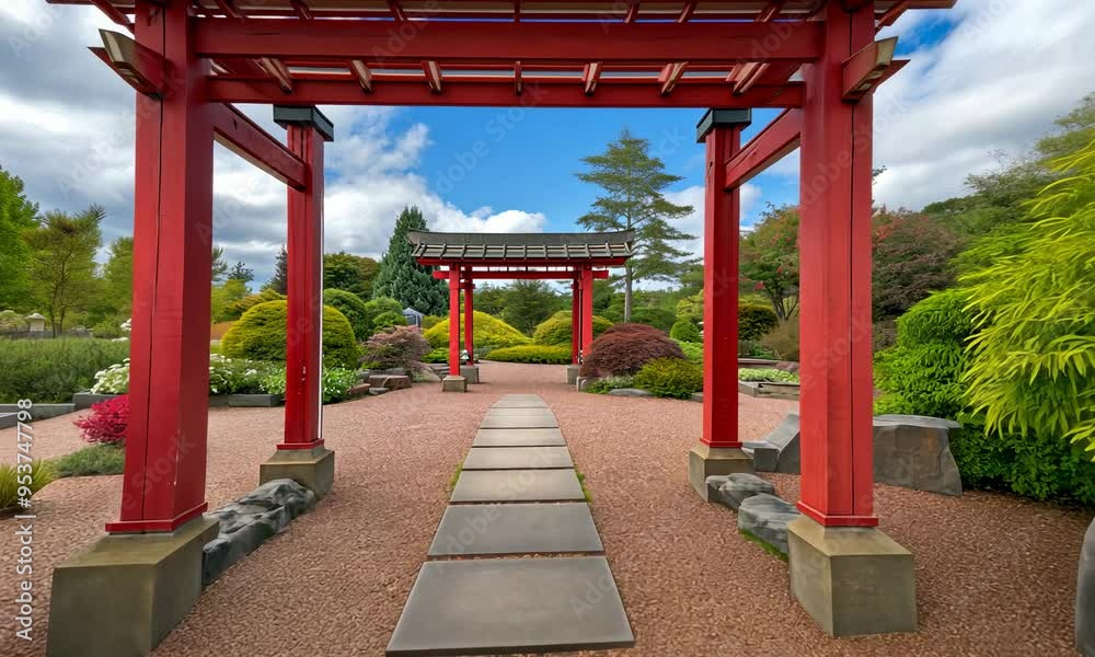 Vibrant red torii gate pathway in peaceful Japanese garden Vibrant red torii gate pathway in peaceful Japanese garden