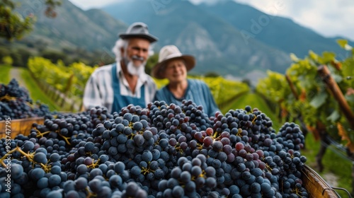 Portrait of an elderly couple with a crop of grapes in their vineyard in the mountains photo