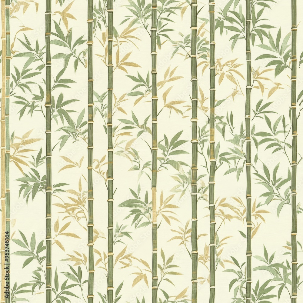A traditional Japanese fabric pattern showcasing a repeating design of stylized bamboo stalks and leaves. The bamboo is depicted in shades of green and gold, with delicate lines that capture the A traditional Japanese fabric pattern showcasing a repeating design of stylized bamboo stalks and leaves. The bamboo is depicted in shades of green and gold, with delicate lines that capture the