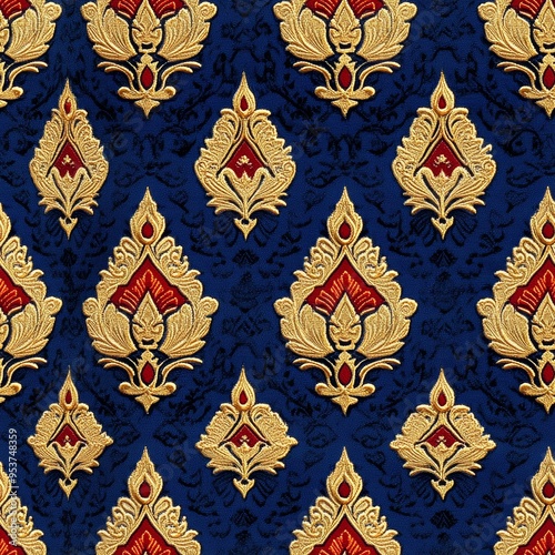 A traditional Thai fabric pattern featuring a repeating design of intricate gold and red Phum Khao Bin motifs. These geometric shapes are arranged in a symmetrical pattern, with each element