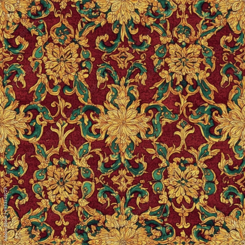 A traditional Thai fabric pattern showcasing a repeating design of intricate Phum Khao Bin motifs, rendered in shades of gold and green. The motifs are arranged in a symmetrical pattern, with each A traditional Thai fabric pattern showcasing a repeating design of intricate Phum Khao Bin motifs, rendered in shades of gold and green. The motifs are arranged in a symmetrical pattern, with each