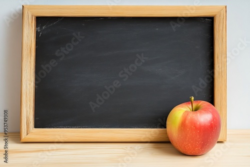 blank chalkboard with a wooden frame and an apple on the side