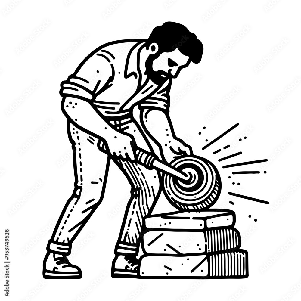 Fototapeta premium Man Grinding Stone With Hand Grinder.