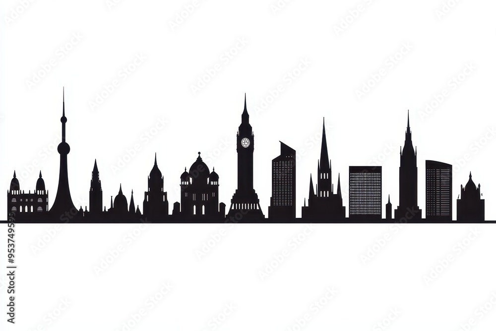 Fototapeta premium Silhouette of various city skylines in black against a white background.