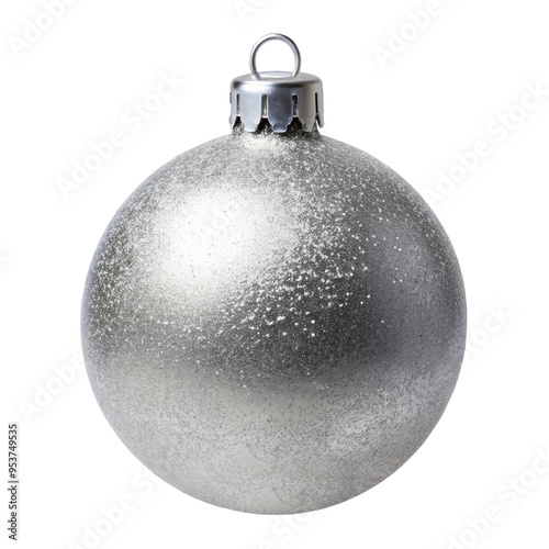 Silver frosted Christmas ornament featuring a delicate texture. Festive decoration brings a touch of winter elegance to any holiday tree or seasonal display. Isolated on transparent background, png.