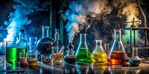 A dark and ominous laboratory scene featuring hazardous chemical waste, broken beakers, and poisonous fumes, photo