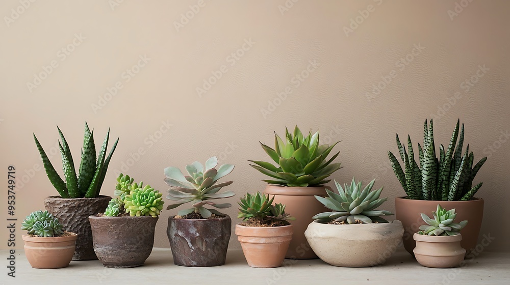 Assorted Succulents in Terracotta Pots Against a Tan Wall Assorted Succulents in Terracotta Pots Against a Tan Wall