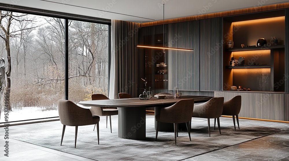 Fototapeta premium Minimalist dining table with smooth lines and a refined modern centerpiece