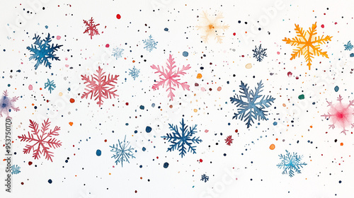watercolor christmas background with hand painted winter snowflakes on white background