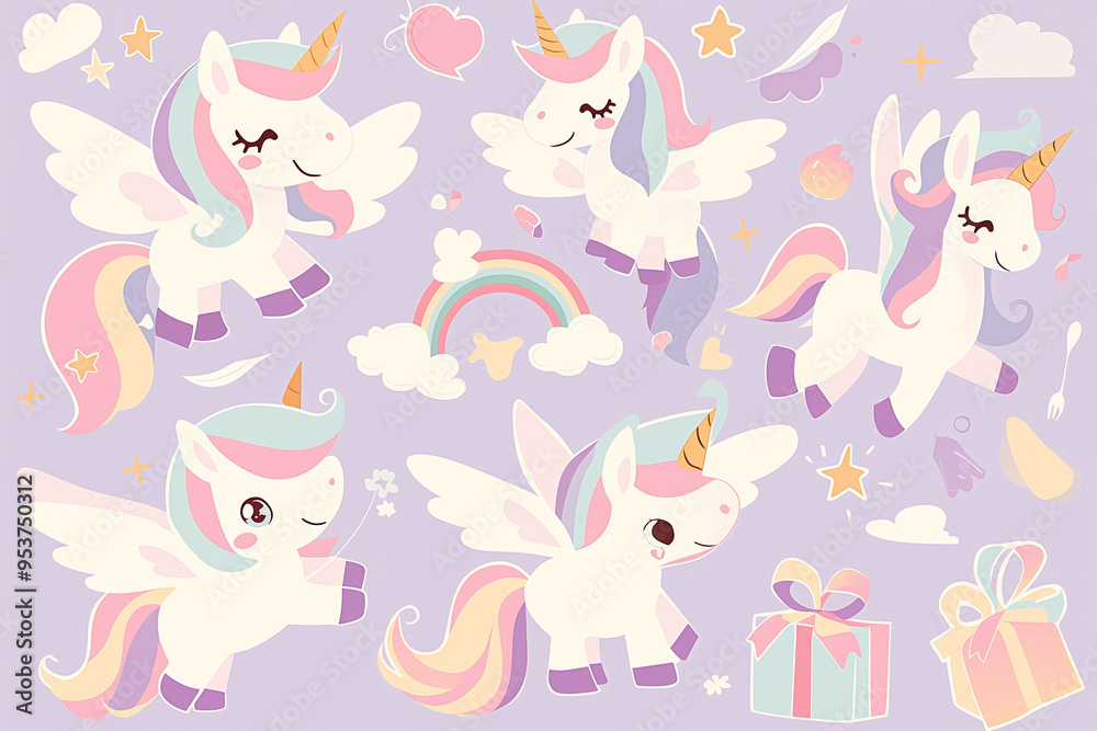 With cute little unicorns, rainbow and magic elements and gifts